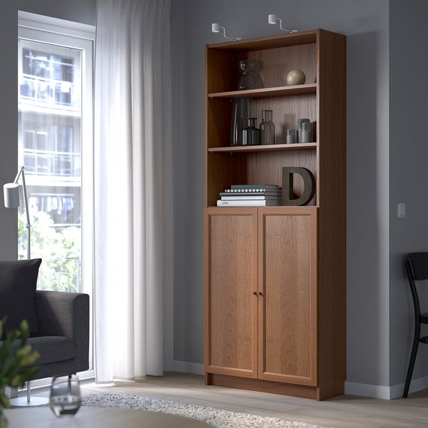 Стеллаж с дверьми, 80x30x202 см, коричневый ясеневый шпон IKEA BILLY БИЛЛИ, OXBERG ОКСБЕРГ 792.810.59 - схема-чертеж с размерами