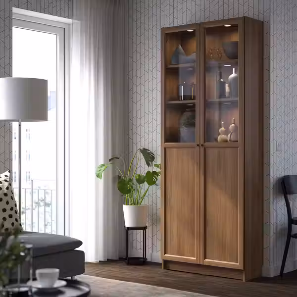 BILLY / OXBERG Стеллаж/панельные/стеклянные двери - коричневый под грецкий орех 80x30x202 см - фото 2