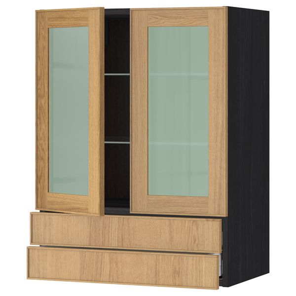 Навесной шкаф, 2 стеклянные дверцы, 2 ящика МЕТОД / МАКСИМЕРА, черный, Экестад дуб - схема-чертеж с размерами