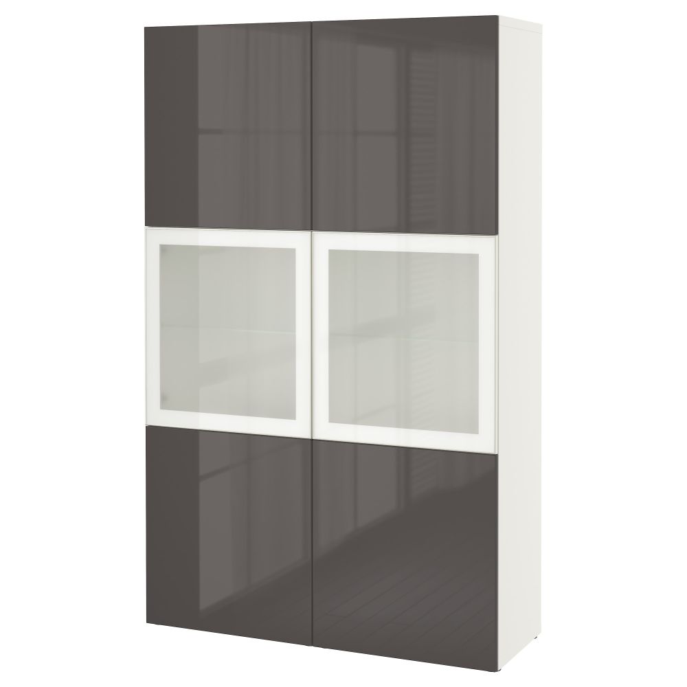 Комбинация для хранения со стеклянными дверцами БЕСТО, белый, Сельсвикен глянцевый/серый матовое стекло (120x40x192 см) - фото 1