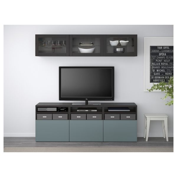 Шкаф для ТВ, комбинированный, стекляные дверцы БЕСТО, черно-коричневый, Вальвикен серо-бирюзовый, прозрачное стекло (180x40x192 - фото 2