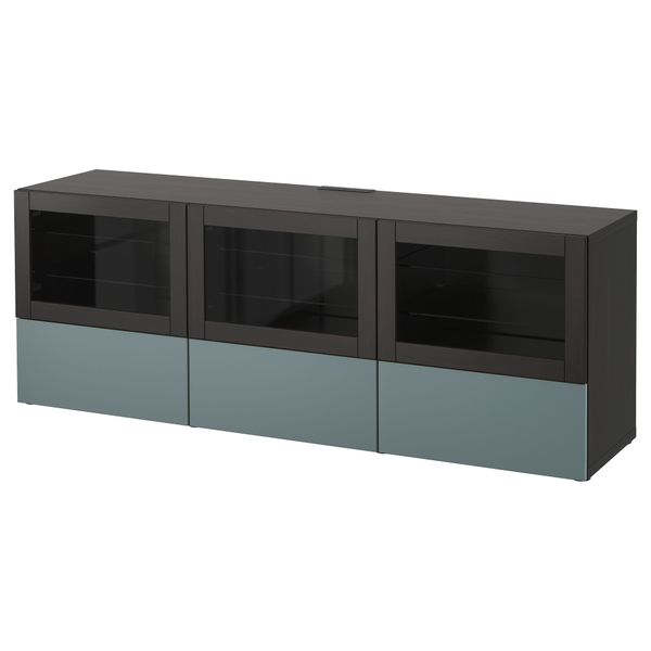 Тумба под ТВ, с дверцами и ящиками БЕСТО, черно-коричневый, Вальвикен серо-бирюзовый, прозрачное стекло (180x40x64 см) - фото 1