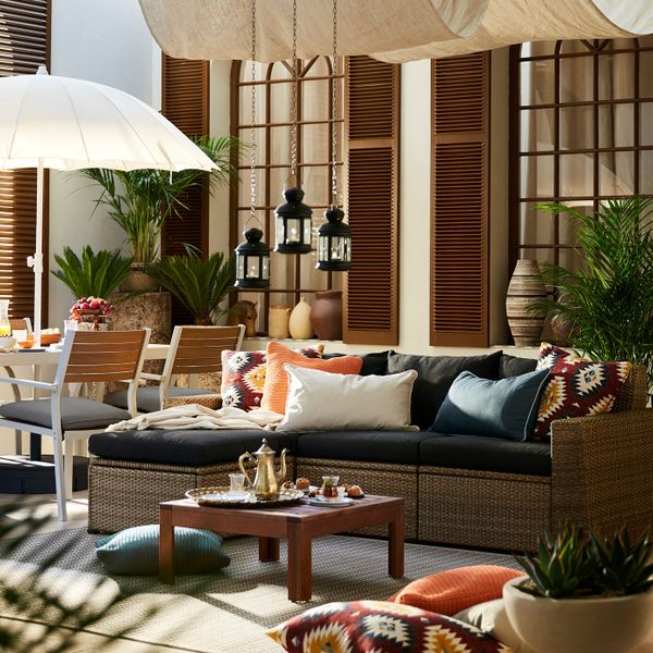 3-местный модульный диван, садовый, с табуретом для ног коричневый/Холло черный 223x144x82 см IKEA СОЛЛЕРОН 392.611.81 - фото 2