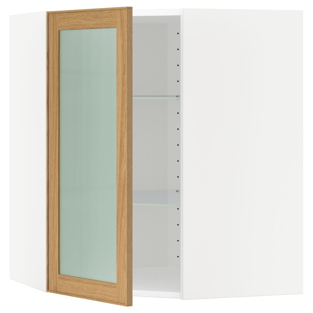 Угловой навесной шкаф с полками, стекляными дверцами МЕТОД, белый, Экестад дуб - схема-чертеж с размерами