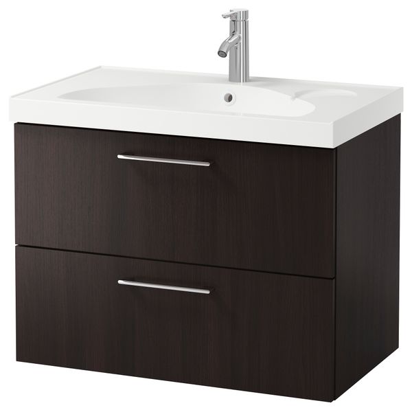 Шкаф для раковины с 2 ящиками ГОДМОРГОН, черно-коричневый (80x49x64 см) - фото 2