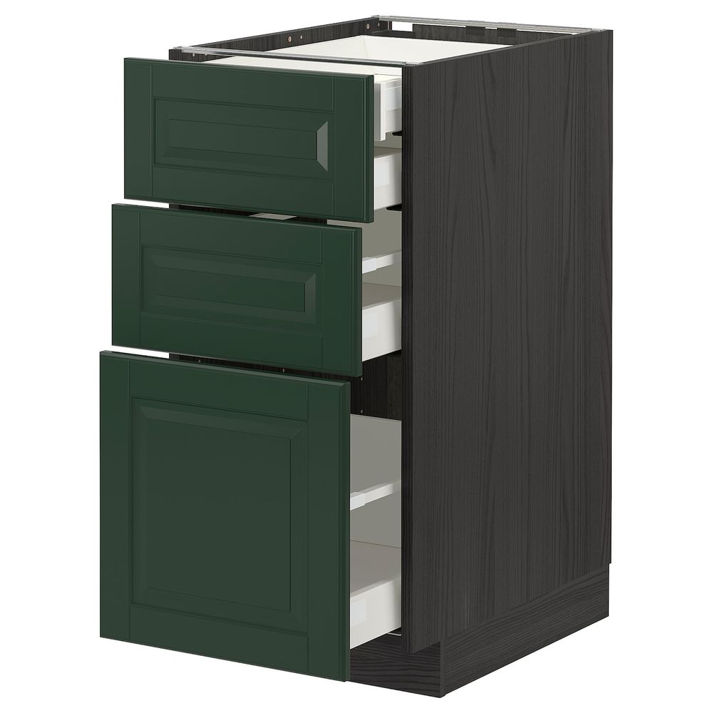 Напольный шкаф 3 фронтальные панели, 2 низких, 1 средний, 1 встроенный ящ, черный/Будбин темно-зеленый 40x60 см IKEA МЕТОД / - схема-чертеж с размерами