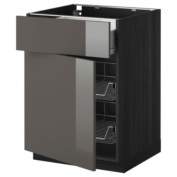 Напольный шкаф с проволочной корзиной, ящиком, дверью МЕТОД / ФОРВАРА, черный, Рингульт серый - схема-чертеж с размерами