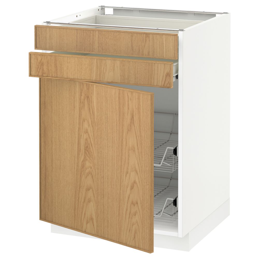 Напольный шкаф, дверца, 2 ящика, проволочных корзин МЕТОД / ФОРВАРА, белый, Экестад дуб - схема-чертеж с размерами