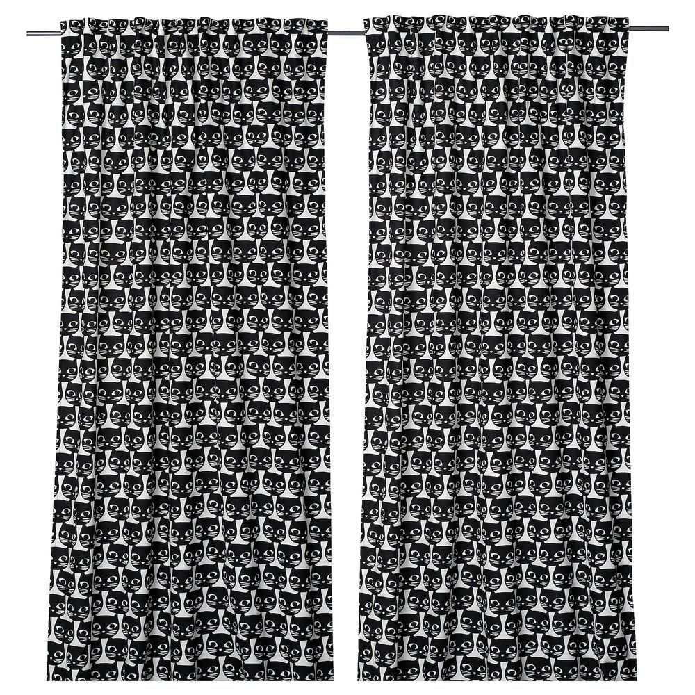 Гардины, 2 шт., белый черный/кот 145x300 см IKEA MATTRAM МАТТРАМ 305.397.01 - фото 1