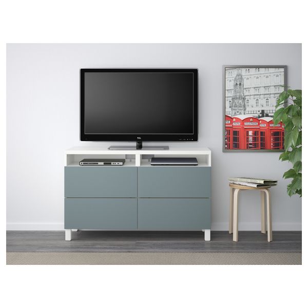 Тумба для ТВ с ящиками БЕСТО, белый, Вальвикен серо-бирюзовый (120x40x74 см) - фото 2