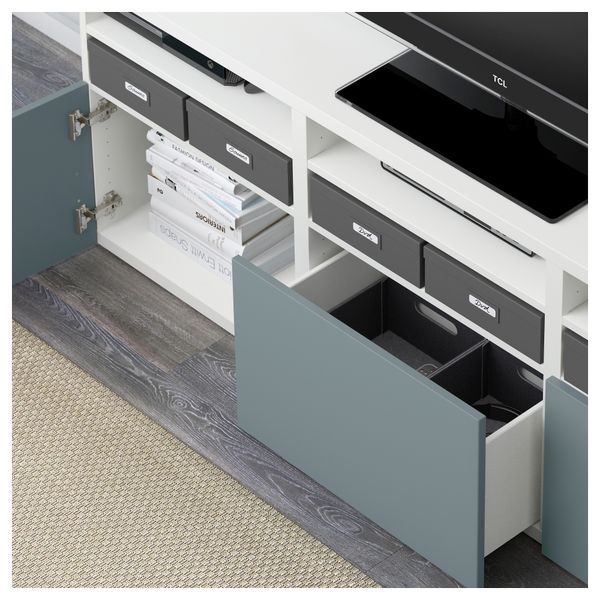 Шкаф для ТВ, комбинированный, стекляные дверцы БЕСТО, белый, Вальвикен серо-бирюзовый, прозрачное стекло (180x40x192 см) - фото 3