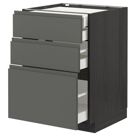 Напольный шкаф 3 фронтальные панели, 2 низких, 1 средний, 1 встроенный ящ, черный/Воксторп темно-серый 60x60 см IKEA МЕТОД /