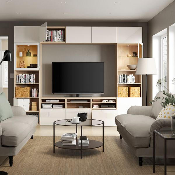 Шкаф для ТВ, комбинированный, стекляные дверцы, под беленый дуб/Сельсвикен глянцевый, белый прозрачное стекло 300x42x231 см IKEA - фото 2