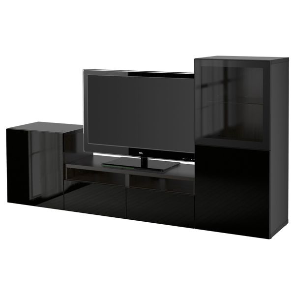 Шкаф для ТВ, комбинированный, стекляные дверцы БЕСТО, черно-коричневый, Сельсвикен глянцевый/черный прозрачное стекло - фото 1