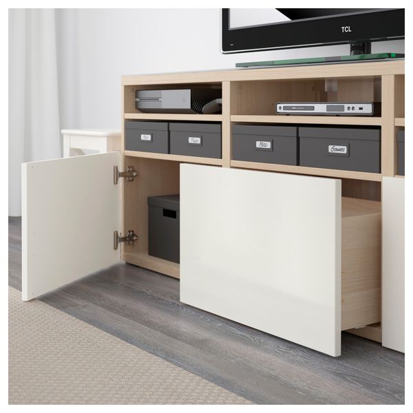 Шкаф для ТВ, комбинированный, стекляные дверцы БЕСТО, под беленый дуб под беленый дуб, Сельсвикен глянцевый/белый прозрачное - фото 3