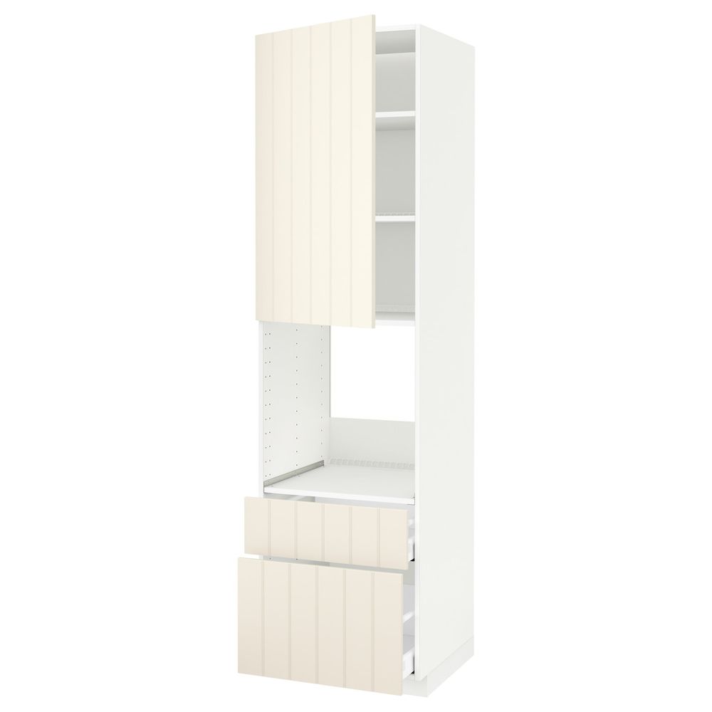 Высокий шкаф для духовки + дверца, 2 фронтальные панели, 1 средняя, 1 встроенный ящ, белый/Хитарп белый с оттенком 60x60x220 см - схема-чертеж с размерами