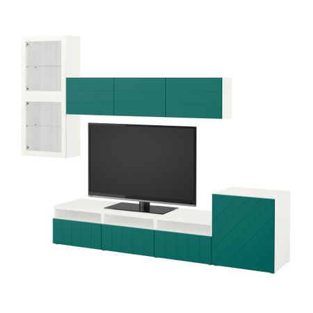 Шкаф для ТВ, комбинированный, стекляные дверцы БЕСТО, белый Халлставик, сине-зеленый прозрачное стекло (300x20/40x211 см)