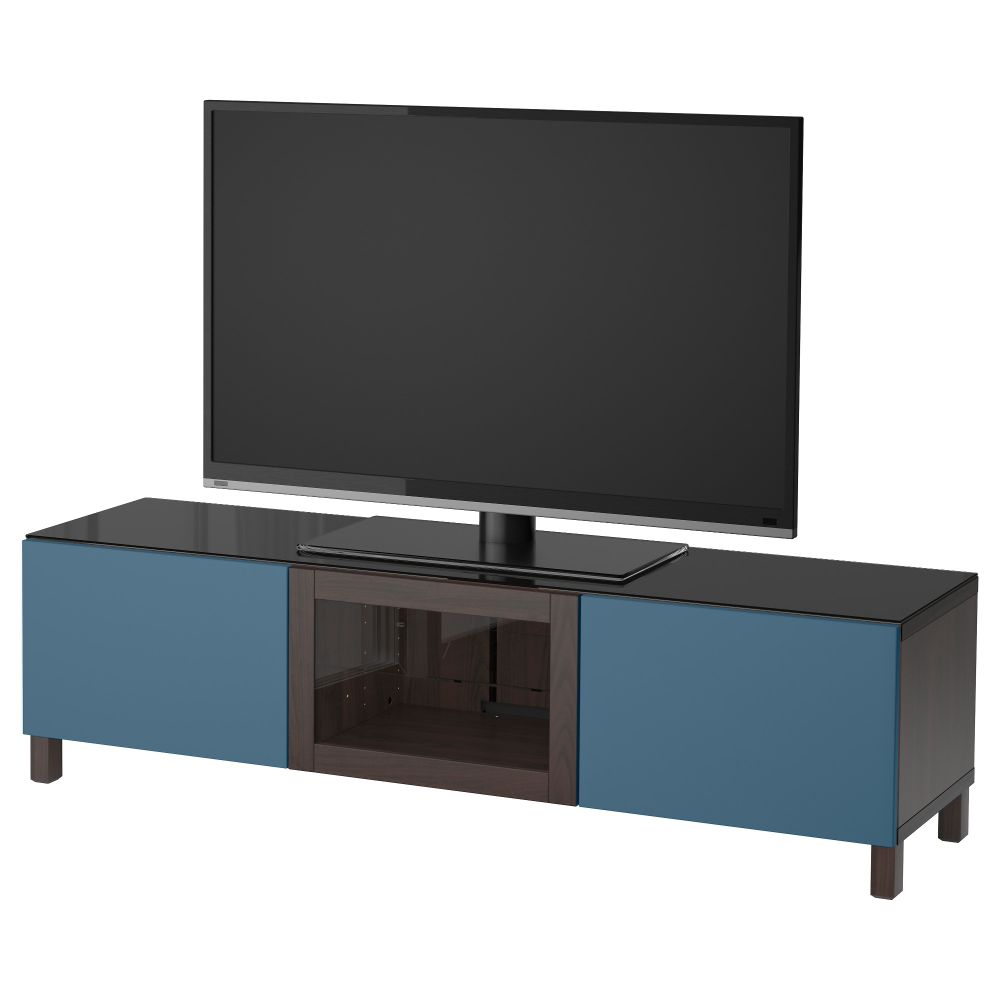 Тумба под ТВ, с дверцами БЕСТО, черно-коричневый Вальвикен, темно-синий прозрачное стекло - фото 1
