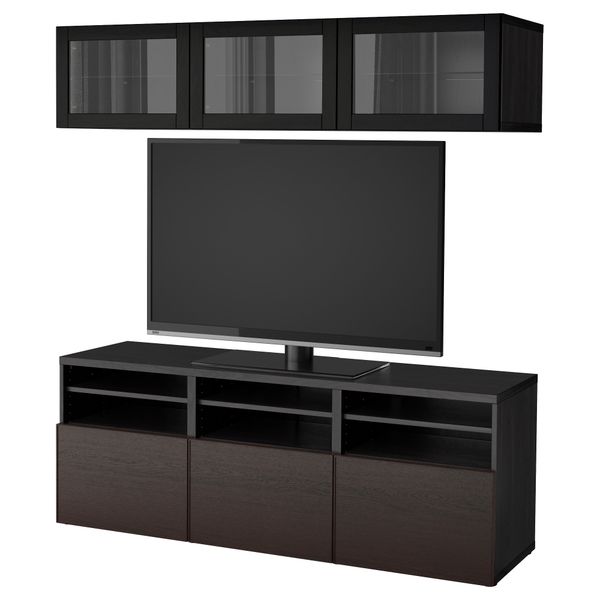 Шкаф для ТВ, комбинированный, стекляные дверцы БЕСТО, черно-коричневый Инвикен, Синдвик черно-коричневый прозрачное стекло - фото 1