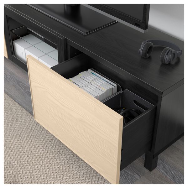 Тумба под ТВ с ящиками и дверцей БЕСТО, черно-коричневый Инвикен, ясеневый шпон прозрачное стекло (180x40x48 см) - фото 3