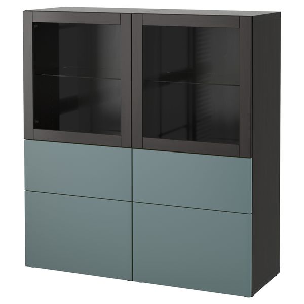 Комбинация для хранения со стеклянными дверцами БЕСТО, черно-коричневый, Вальвикен серо-бирюзовый, прозрачное стекло (120x40x128 - фото 1