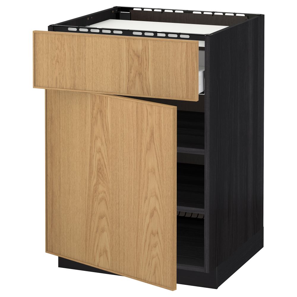 Напольный шкаф для варочной панели, ящик, полка, дверцы МЕТОД / МАКСИМЕРА, черный, Экестад дуб (60x60 см) - схема-чертеж с размерами