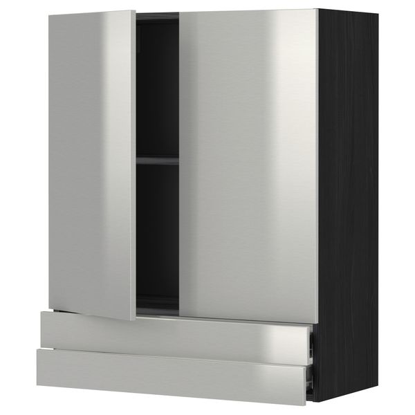Навесной шкаф, 2 дверцы, 2 ящика МЕТОД / ФОРВАРА, черный, Гревста нержавеющ сталь - фото 1