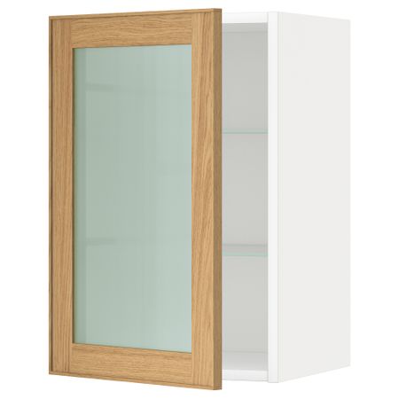 Навесной шкаф с полками, стекляными дверцы МЕТОД, белый, Экестад дуб