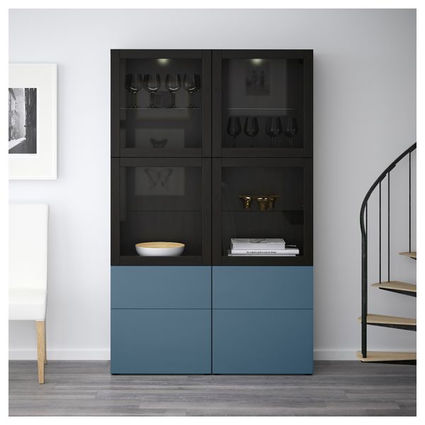 Комбинация для хранения со стеклянными дверцами БЕСТО, черно-коричневый Вальвикен, темно-синий прозрачное стекло (120x40x192 см) - фото 3