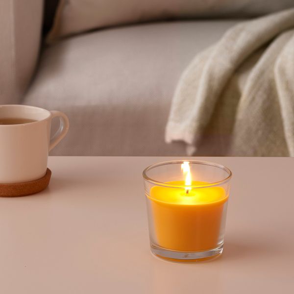 Ароматическая свеча в стакане, Манго/желтый 9 см IKEA SINNLIG СИНЛИГ 104.938.79 - схема-чертеж с размерами