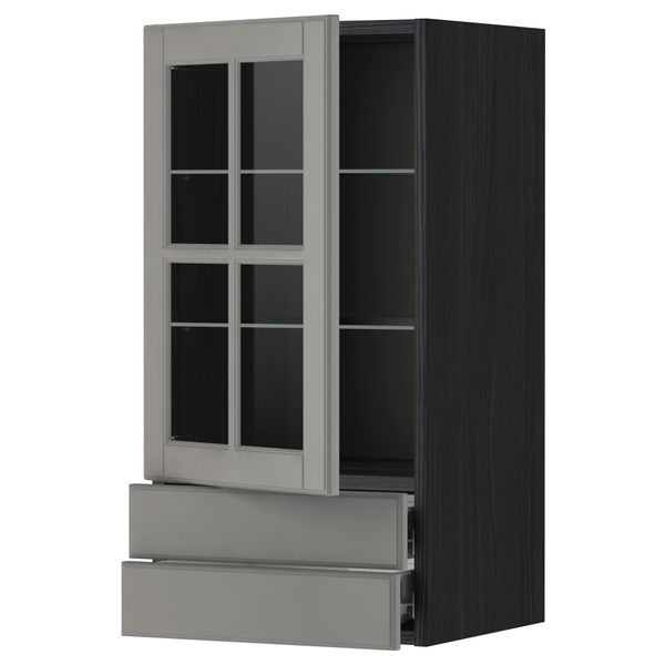 Навесной шкаф, стеклянная дверца, 2 ящика МЕТОД / ФОРВАРА, черный, Будбин серый - фото 1
