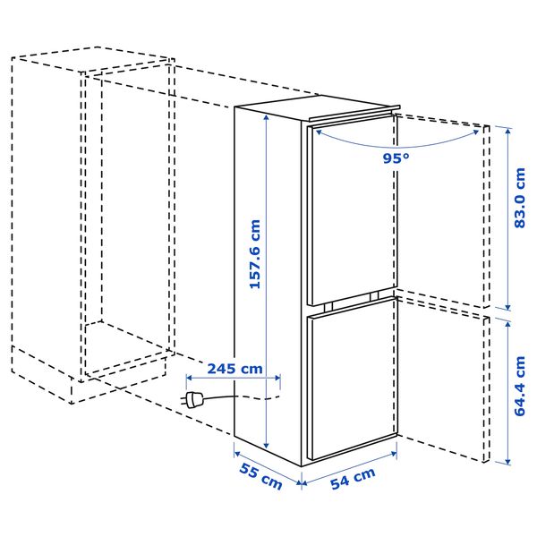 Холодильник морозильник, 153, 79 л, IKEA 500 встраиваемый IKEA RÅKALL РОКЭЛЛ 204.999.51 - схема-чертеж с размерами