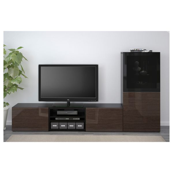 Шкаф для ТВ, комбинированный, стекляные дверцы, черно-коричневый, Сельсвикен глянцевый, коричневый дымчат стекло, 240x40x128 см - фото 3