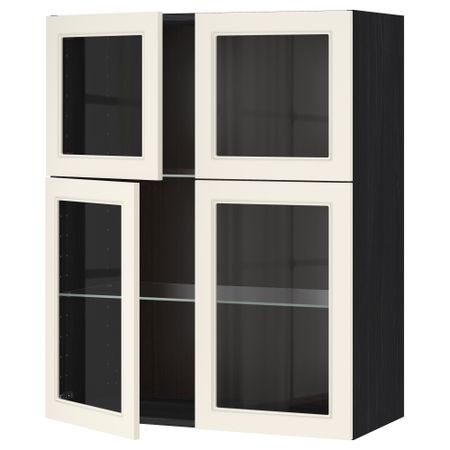 Навесной шкаф с полками, 4 стекло дверцы МЕТОД, черный, Хитарп белый с оттенком (80x100 см)