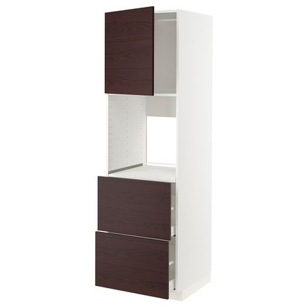 Высокий шкаф для духовки + дверца, 2 форнтальных, 2 высоких ящ, белый Аскерсунд/темно-коричневый под ясень 60x60x200 см IKEA