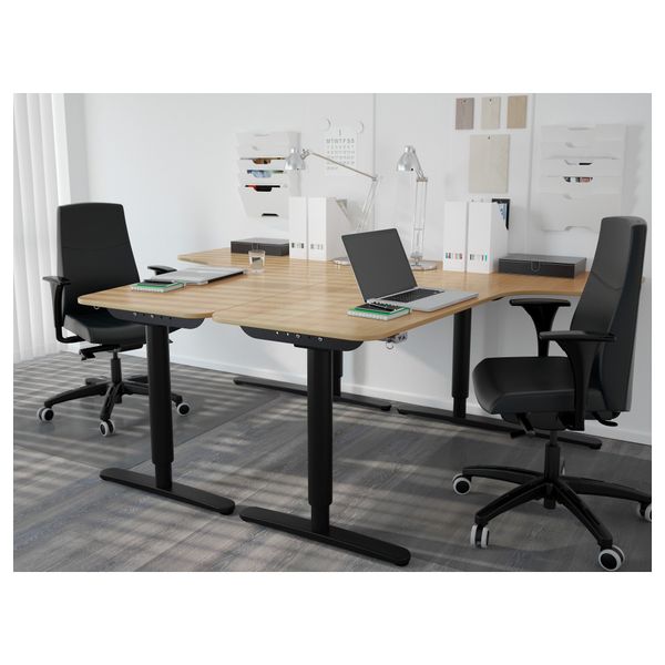 Угловой письменный стол левосторонний трансформер БЕКАНТ, дубовый шпон, черный (160x110 см) - фото 5