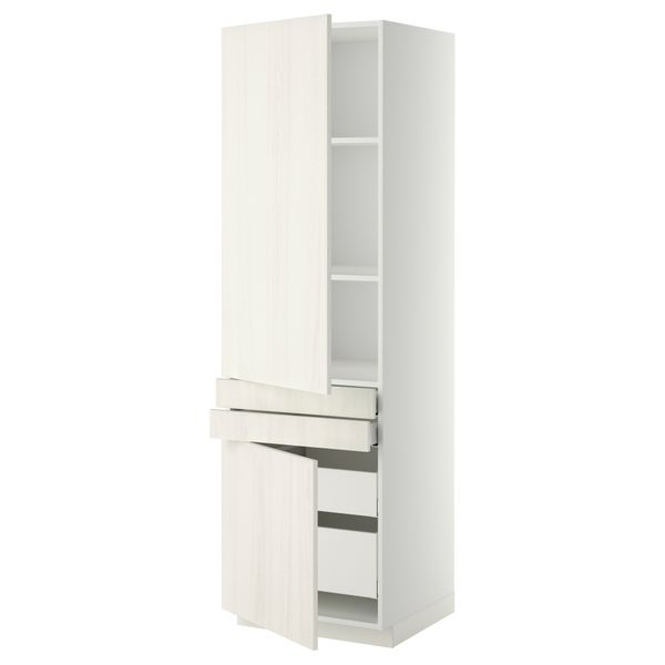 Высокий шкаф + полки, 4 ящик, 2 двери, 2 фронтальные МЕТОД / МАКСИМЕРА, белый, Росдаль белый (60x60x200 см) - схема-чертеж с размерами