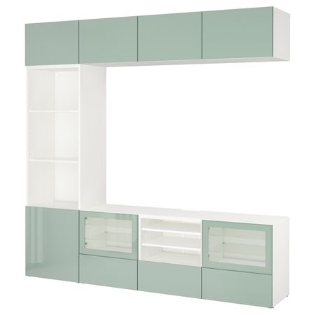 Шкаф для ТВ, комбинированный, стекляные дверцы, белый Сельсвикен, глянцевый/серо-зеленый светлый прозрачное стекло, 240x40x230