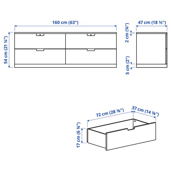 NORDLI Комод с 4 ящиками - антрацит 160x54 см - схема-чертеж с размерами