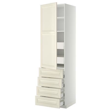Высокий шкаф с полками/6 ящик, дверцами, 4 фронтальные панели МЕТОД / МАКСИМЕРА, белый, Будбин белый с оттенком