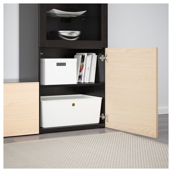 Шкаф для ТВ, комбинированный, стекляные дверцы БЕСТО, черно-коричневый Инвикен, ясеневый шпон прозрачное стекло (240x40x128 см) - фото 3