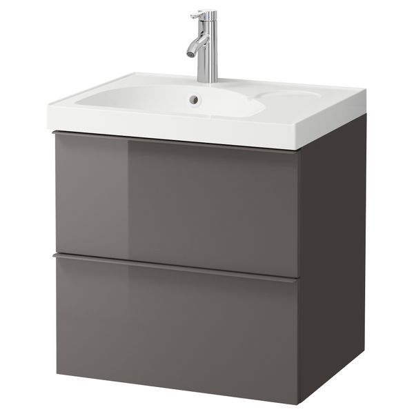 Шкаф для раковины с 2 ящиками ГОДМОРГОН / ЭДЕБОВИКЕН, глянцевый серый (60x49x64 см) - схема-чертеж с размерами