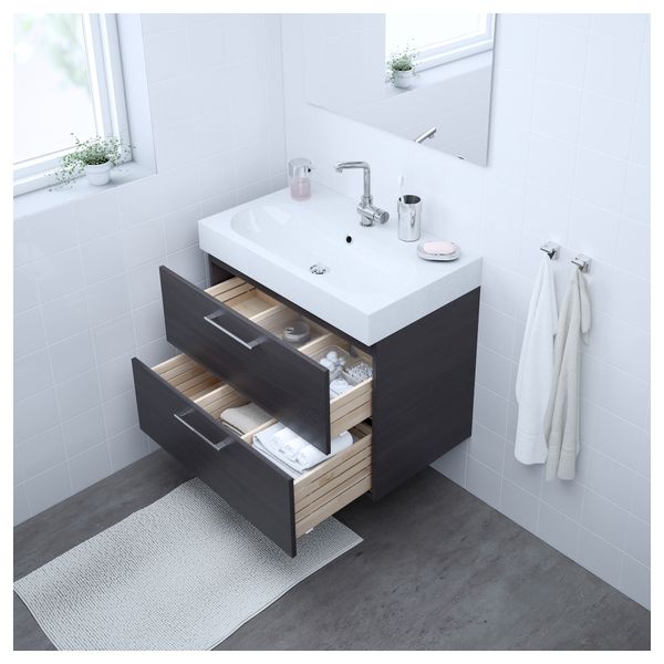 Шкаф для раковины с 2 ящиками ГОДМОРГОН / БРОВИКЕН, черно-коричневый, светло-серый (80x49x68 см) - фото 2