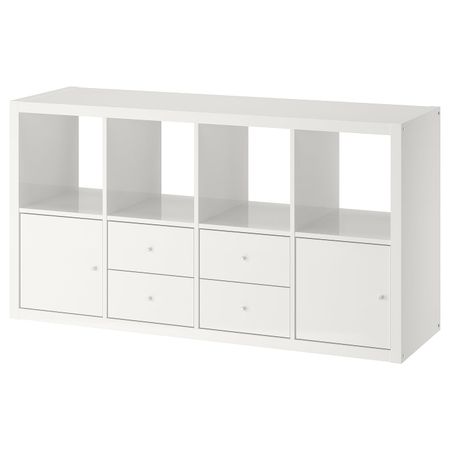 Стеллаж с 4 вставками, глянцевый, белый 77x147 см IKEA KALLAX КАЛЛАКС 492.783.03