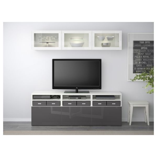 Шкаф для ТВ, комбинированный, стекляные дверцы БЕСТО, белый, Сельсвикен глянцевый/серый прозрачное стекло (180x40x192 см) - фото 2