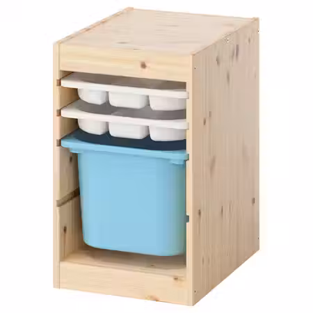 TROFAST Комбинация с контейнером/лотками - светлая беленая сосна белый/голубой 32x44x52 см