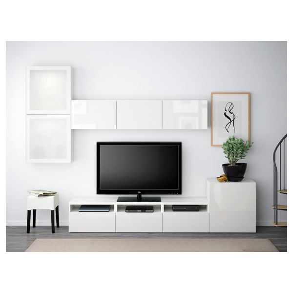 Шкаф для ТВ, комбинированный, стекляные дверцы БЕСТО, белый, Сельсвикен глянцевый/белый матовое стекло (300x20/40x211 см) - фото 2