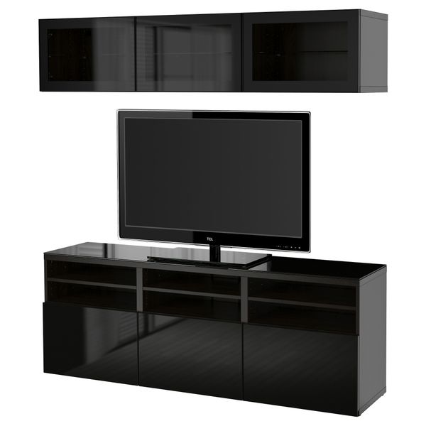 Шкаф для ТВ, комбинированный, стекляные дверцы БЕСТО, черно-коричневый, Сельсвикен глянцевый/черный прозрачное стекло - фото 1