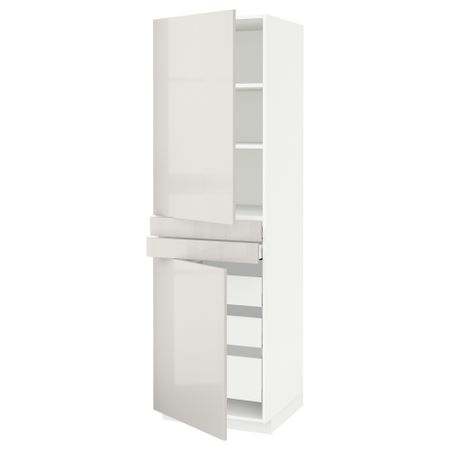 Высокий шкаф + полки, 5 ящиков, 2 дверцы, 2 фронтальных МЕТОД / МАКСИМЕРА, белый, Рингульт светло-серый