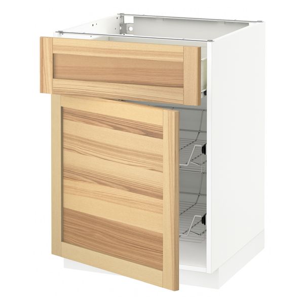 Напольный шкаф с проволочной корзиной, ящиком, дверью МЕТОД / ФОРВАРА, белый, Торхэмн ясень - схема-чертеж с размерами